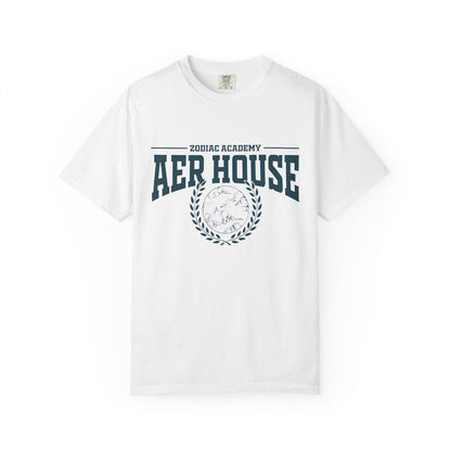 Zodiac Academy Aer House tee from thtgrlreads features a vintage wash Comfort Colors graphic tee in white with bold navy collegiate-style print and laurel wreath design.