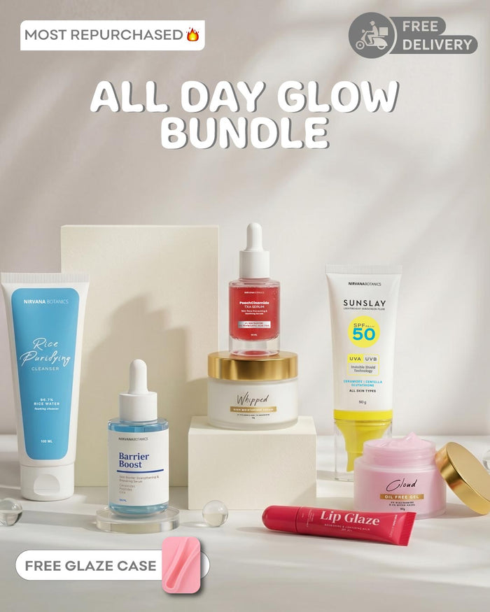 A skincare bundle set featuring multiple products including a blue tube, a red serum dropper bottle, a white sunscreen tube, a pink lip gloss tube, and a small pink case, arranged on white display blocks against a soft beige background with promotional text overlays.