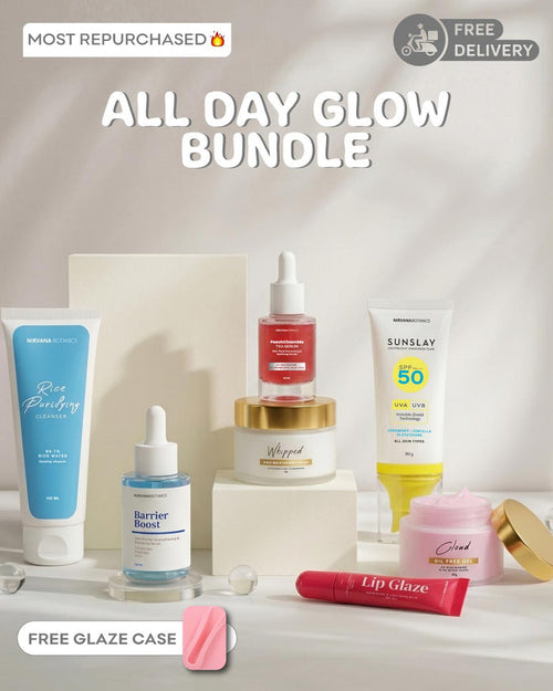 A skincare bundle set featuring multiple products including a blue tube, a red serum dropper bottle, a white sunscreen tube, a pink lip gloss tube, and a small pink case, arranged on white display blocks against a soft beige background with promotional text overlays.