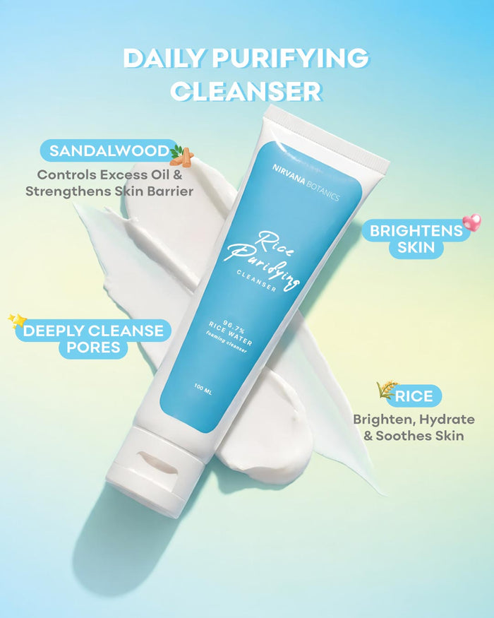 A tube of NoruMia Cosmetics Rice Purifying Cleanser is displayed diagonally on a stylized background of white cream swirls. The background features a soft gradient from light blue to pale yellow-green, with text highlighting the benefits of sandalwood, rice, and overall skin brightening.