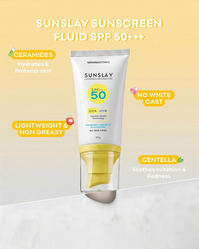 Sunslay Sunscreen Fluid SPF 50+++ in a white squeeze tube with a yellow cap, shown on a light beige background with promotional text callouts.