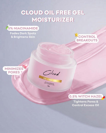 Cloud Oil Free Gel Moisturizer jar shown on a pink gel smear with marketing text overlays highlighting key ingredients and benefits.