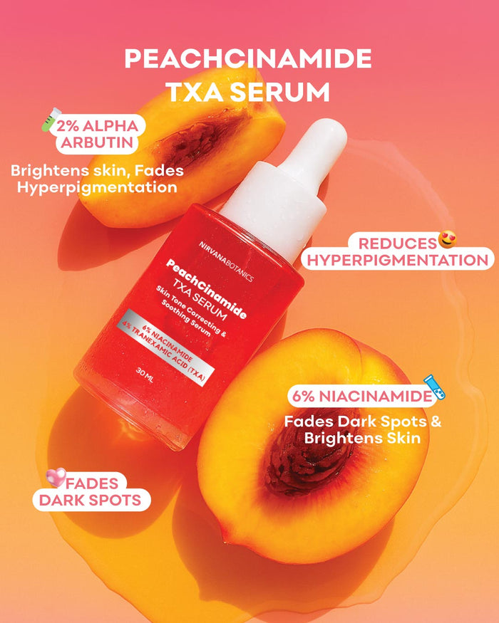 Peachcinamide TXA Serum by Meridiancosmetics in a red dropper bottle, styled with peach halves on a pink and orange gradient background with text highlighting skin benefits.