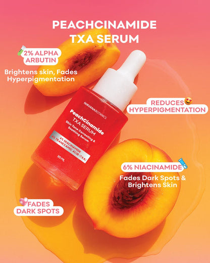 Peachcinamide TXA Serum by Meridiancosmetics in a red dropper bottle, styled with peach halves on a pink and orange gradient background with text highlighting skin benefits.