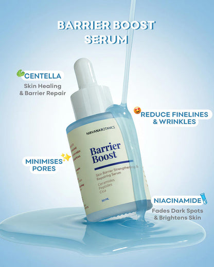 Ninawaromatics Barrier Boost Serum bottle with a white dropper cap, surrounded by text callouts highlighting key benefits like centella skin healing, reducing fine lines, and minimizing pores, set against a light blue gradient background with a liquid splash at the bottom.