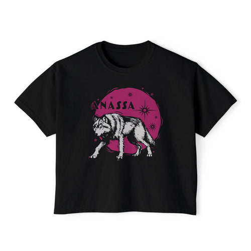 Black Comfort Colors crop top from thtgrlreads featuring a vintage-style graphic of a wolf against a magenta celestial background, part of Wolves of Ruin and Tees collections.