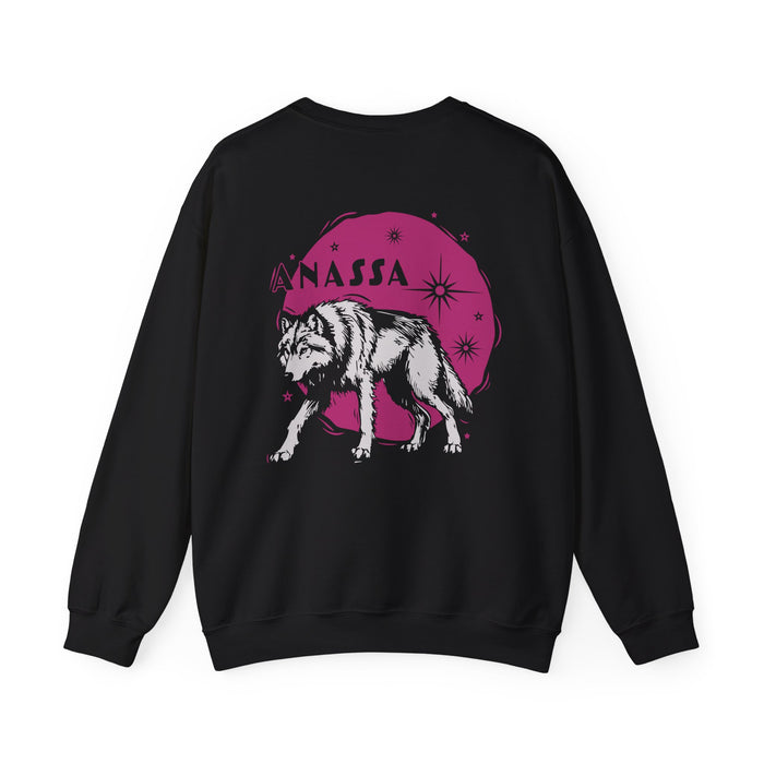 A black oversized crewneck sweatshirt from thtgrlreads’ Wolves of Ruin collection featuring a vintage-style graphic of a white wolf against a magenta moon with "Anassa" text on the back.