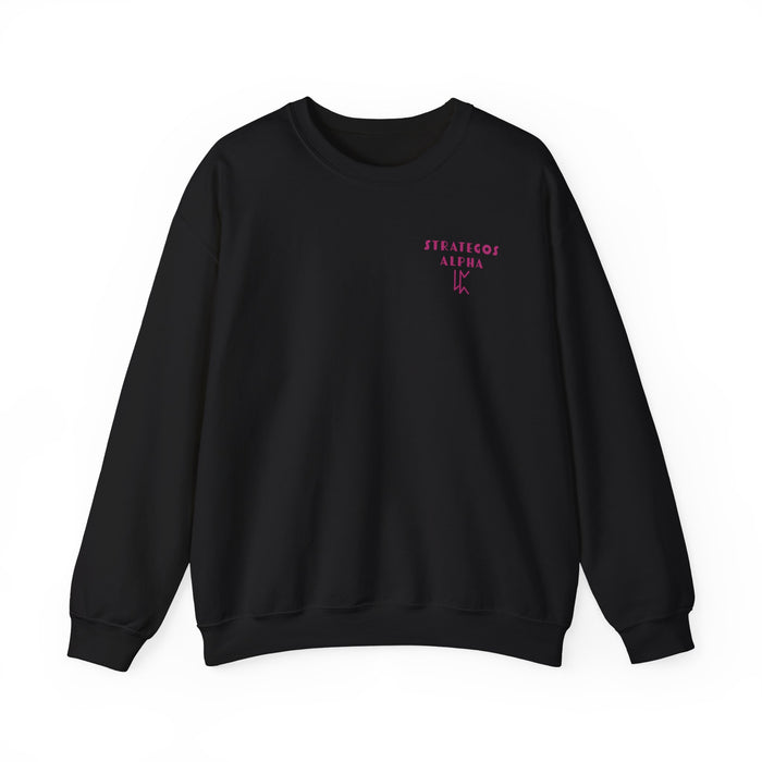 Black vintage-wash Comfort Colors crewneck sweatshirt from thtgrlreads featuring a small pink "Stratego's Alpha" graphic, part of the Wolves of Ruin and Crewnecks collections.