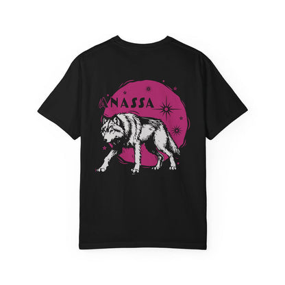 Thtgrlreads Wolves of Ruin collection black Comfort Colors graphic tee featuring a vintage-style white wolf illustration and bold purple moon design with stylized stars and "Anassa" text.