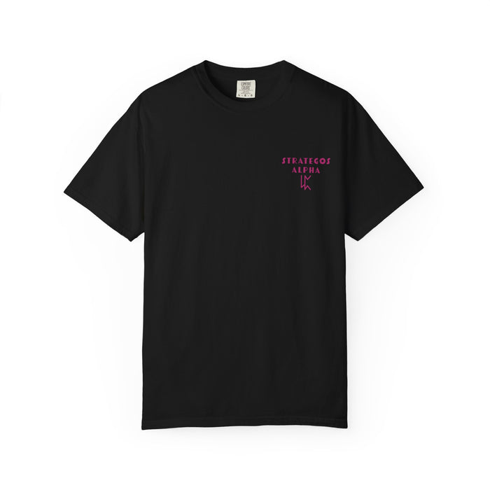 Thtgrlreads Wolves of Ruin collection unisex Comfort Colors graphic tee featuring a vintage wash and small pink gothic script text on black fabric, part of exclusive bookish apparel.