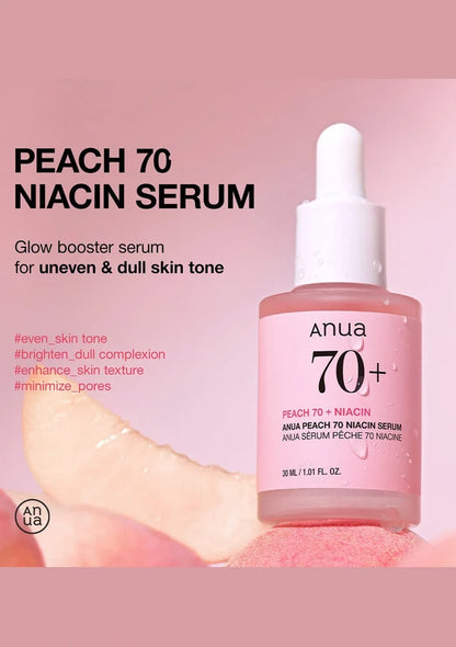 Anua Peach 70 Niacin Serum bottle with pink background and text.