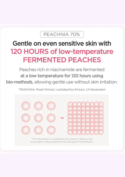 Product description for PEACHNIA 70% with text about low-temperature fermentation of peaches on a light pink background.