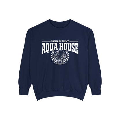 Thtgrlreads Zodiac Academy navy oversized crewneck sweatshirt featuring vintage puff print graphic of a moon and laurel wreath with "Aqua House" text, cozy and officially licensed.