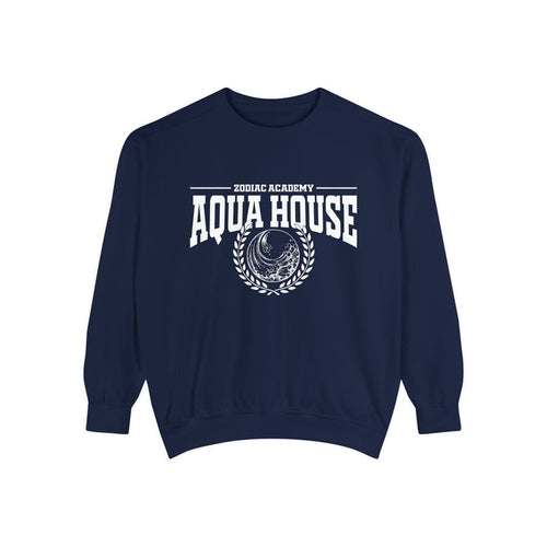 Thtgrlreads Zodiac Academy navy oversized crewneck sweatshirt featuring vintage puff print graphic of a moon and laurel wreath with "Aqua House" text, cozy and officially licensed.