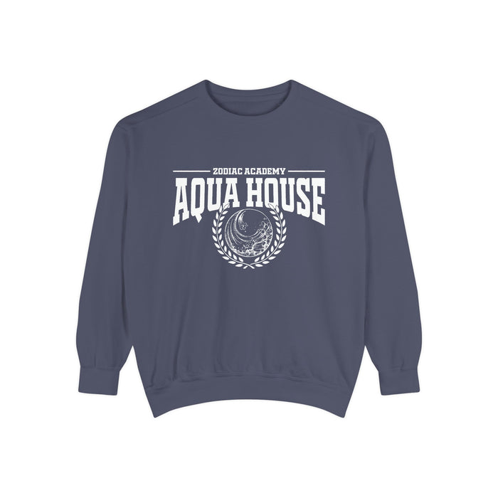 Zodiac Academy inspired aqua house sweatshirt by thtgrlreads featuring a cozy unisex Comfort Colors crewneck with vintage washed fabric and bold white collegiate-style print.