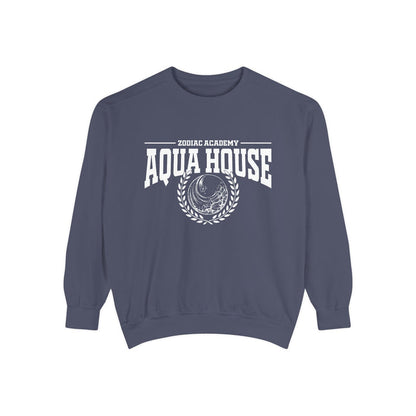 Zodiac Academy inspired aqua house sweatshirt by thtgrlreads featuring a cozy unisex Comfort Colors crewneck with vintage washed fabric and bold white collegiate-style print.