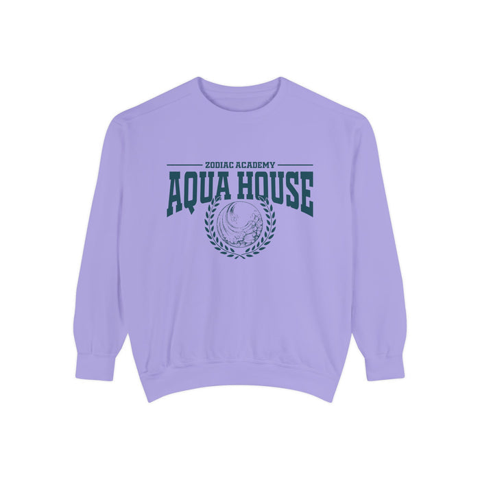 Zodiac Academy Aqua House crewneck sweatshirt from thtgrlreads features a vintage-washed Comfort Colors base with bold dark teal graphic text and emblem, perfect for cozy back-to-school wear.