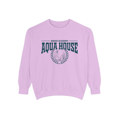Zodiac Academy crewneck sweatshirt from thtgrlreads featuring vintage-style Aqua House graphic in dark teal on a soft, lavender Comfort Colors fabric, part of Back to School merch.