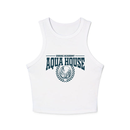 Zodiac Academy Aqua House women's cropped tank top from thtgrlreads featuring a vintage wash white Comfort Colors fabric with bold navy graphic text and emblem.