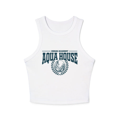Zodiac Academy Aqua House women's cropped tank top from thtgrlreads featuring a vintage wash white Comfort Colors fabric with bold navy graphic text and emblem.