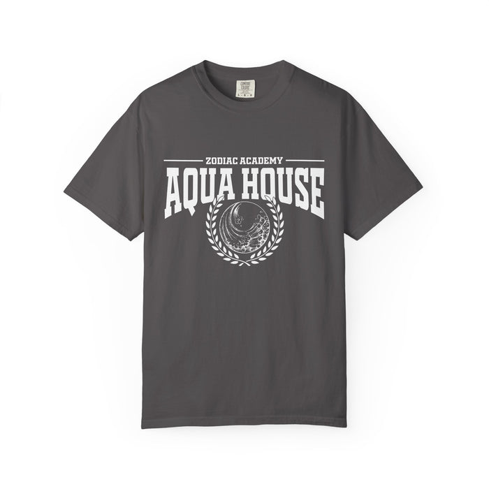 A charcoal gray vintage wash Comfort Colors graphic tee from thtgrlreads featuring bold white "Zodiac Academy Aqua House" text and a wave emblem, part of the Zodiac Academy collection.