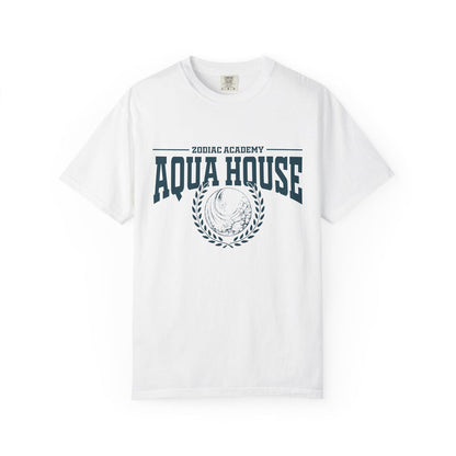 Thtgrlreads Zodiac Academy collection Comfort Colors graphic tee in white featuring a vintage puff print "Aqua House" design with laurel wreath emblem, unisex fit.