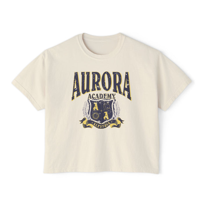 Ruthless Boys of the Zodiac crop top from thtgrlreads in partnership with Printify, featuring a vintage-washed Comfort Colors base with a distressed Aurora Academy graphic in navy and gold.