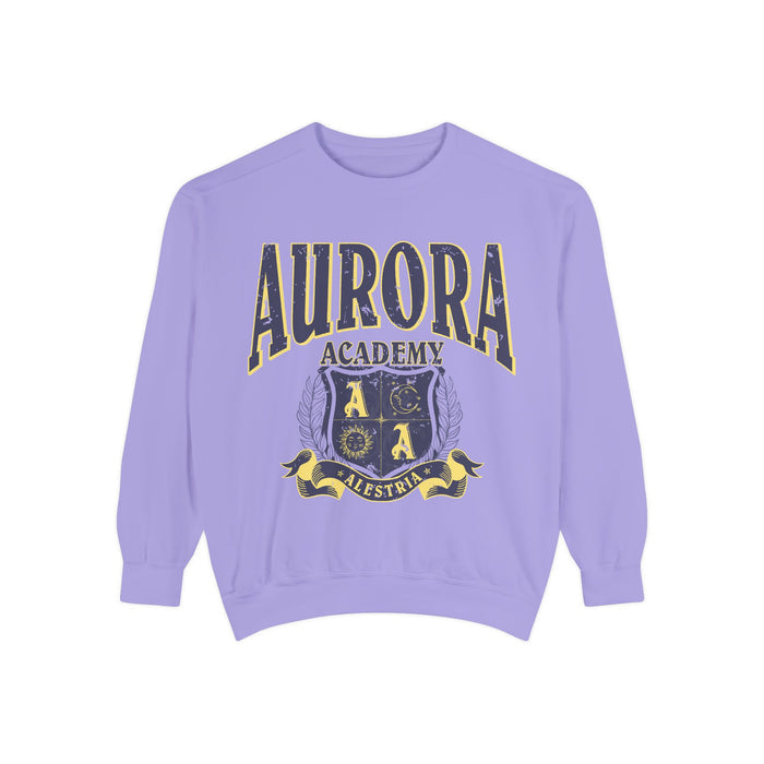 thtgrlreads Aurora Academy vintage wash oversized crewneck sweatshirt in lavender with distressed collegiate-style script and a crest featuring celestial symbols and a banner reading Alestria