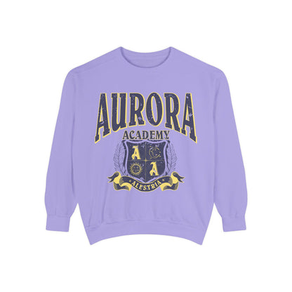 thtgrlreads Aurora Academy vintage wash oversized crewneck sweatshirt in lavender with distressed collegiate-style script and a crest featuring celestial symbols and a banner reading Alestria