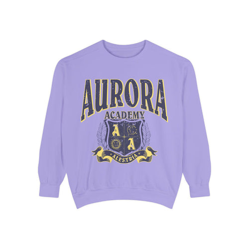 thtgrlreads Aurora Academy vintage wash oversized crewneck sweatshirt in lavender with distressed collegiate-style script and a crest featuring celestial symbols and a banner reading Alestria