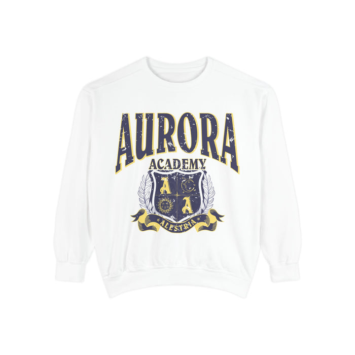 A white oversized crewneck sweatshirt from thtgrlreads featuring vintage puff print text and crest graphic from the Aurora Academy collection, part of Ruthless Boys of the Zodiac and Back to School crewnecks.