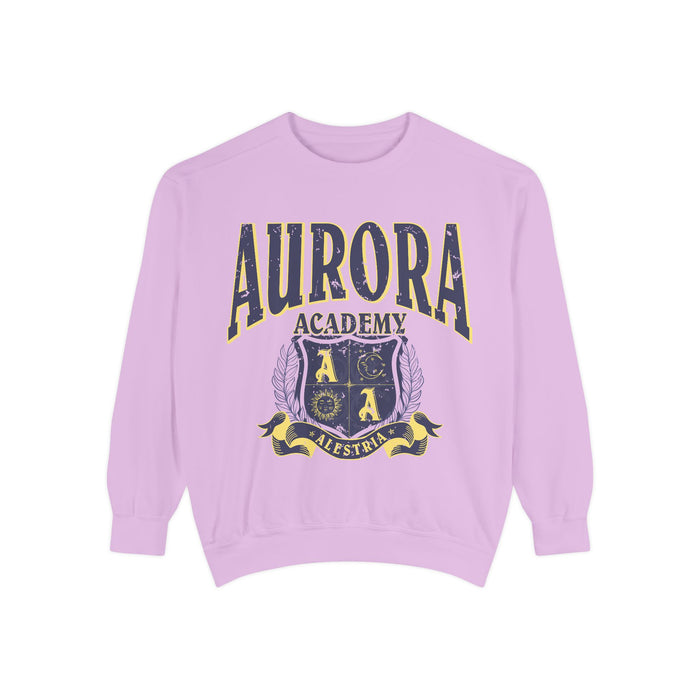 Thtgrlreads officially licensed Aurora Academy oversized crewneck sweatshirt featuring a vintage puff print graphic with Alestria crest, from the Back to School collection.