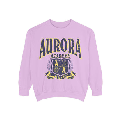 Thtgrlreads officially licensed Aurora Academy oversized crewneck sweatshirt featuring a vintage puff print graphic with Alestria crest, from the Back to School collection.