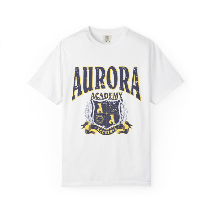 Thtgrlreads Aurora Academy tee from the Ruthless Boys of the Zodiac collection features a vintage wash, Comfort Colors graphic tee with a bold navy and gold collegiate crest print, perfect for back-to-school fans.