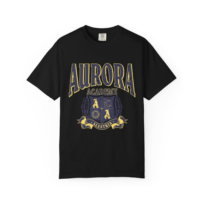 Black Comfort Colors graphic tee by thtgrlreads featuring vintage puff print "Aurora Academy" text and crest design, inspired by Ruthless Boys of the Zodiac collection.