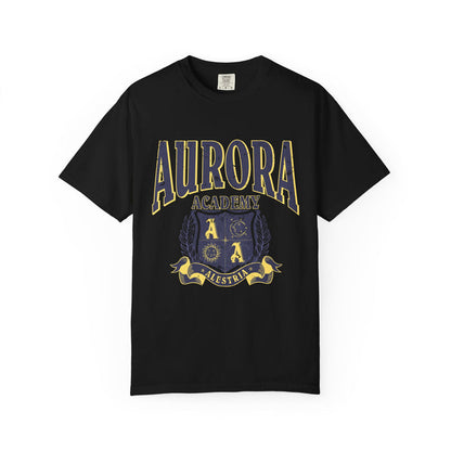 Black Comfort Colors graphic tee by thtgrlreads featuring vintage puff print "Aurora Academy" text and crest design, inspired by Ruthless Boys of the Zodiac collection.