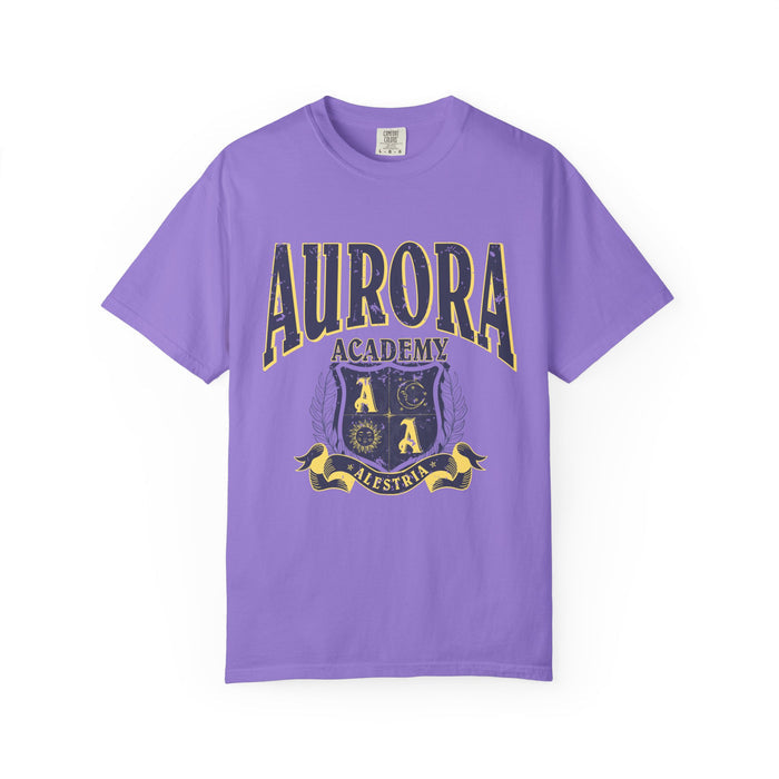Ruthless Boys of the Zodiac inspired Comfort Colors graphic tee by thtgrlreads features a vintage wash purple fabric with Aurora Academy crest and bold collegiate-style text.