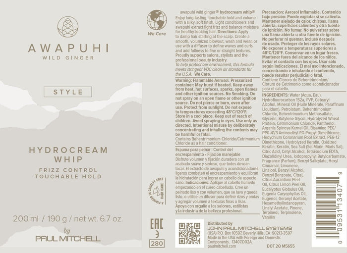 Awapuhi Wild Ginger by Paul Mitchell HydroCream Whip Mousse, Frizz Control, Touchable Hold, For All Hair Types, 6.7 oz.