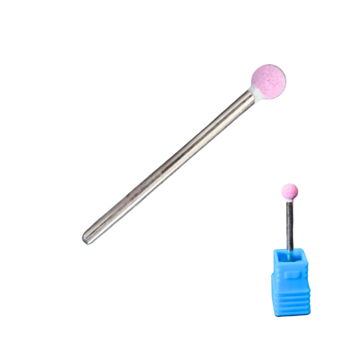 P027B Ceramic Ball e-file Drill Bit| A ball-shaped nail drill bit with a metallic shaft and a pink rounded end, accompanied by a blue holder.