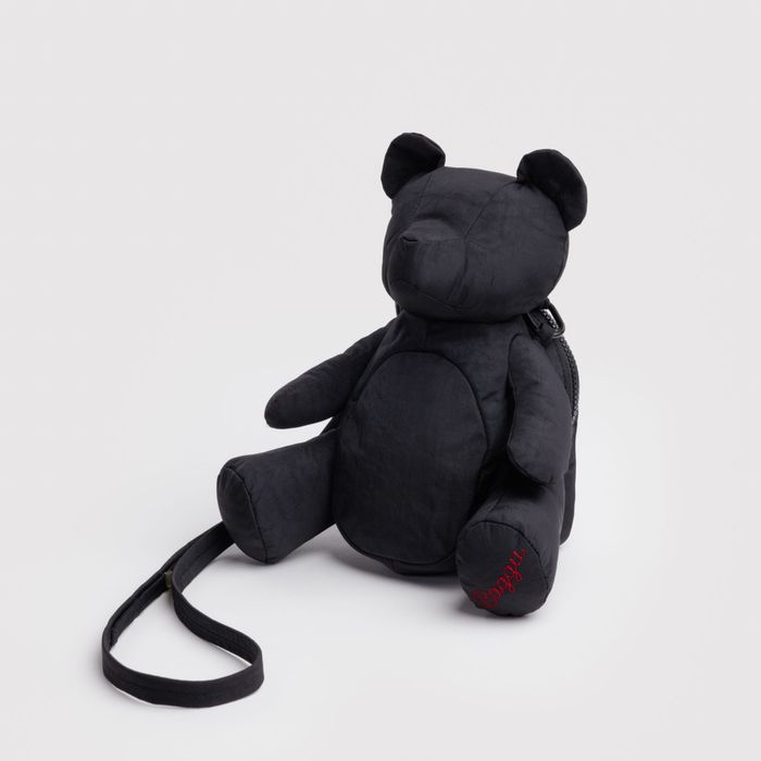 Black plush bear bag with long shoulder strap and small front pocket