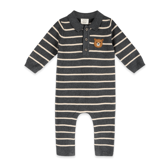 Bear Face Stripe and Collar Knit Baby Jumpsuit, Organic Cotton