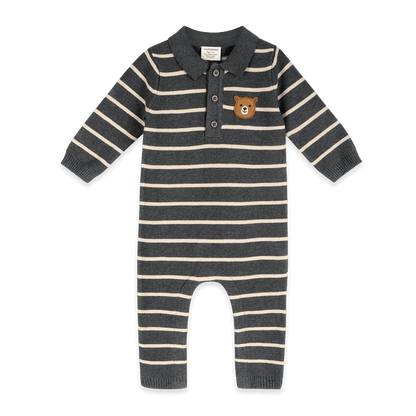 Bear Face Stripe and Collar Knit Baby Jumpsuit, Organic Cotton