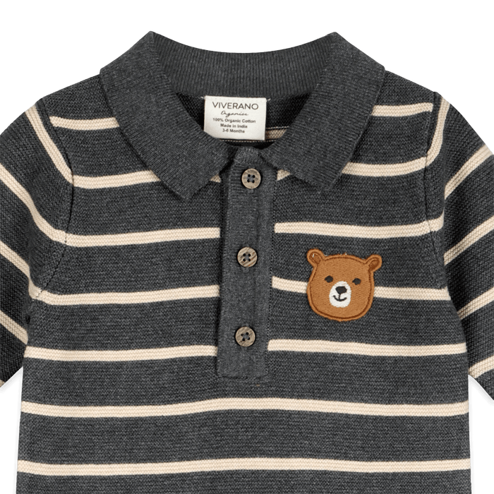 Organic Cotton Bear Face Stripe and Collar Knit Baby Jumpsuit, Detail
