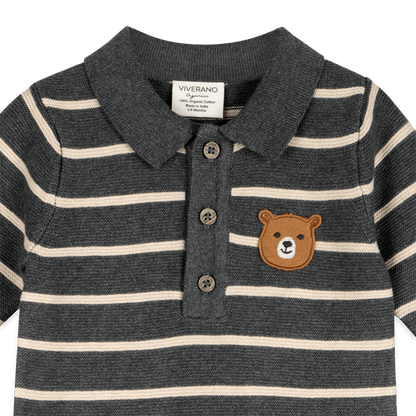 Organic Cotton Bear Face Stripe and Collar Knit Baby Jumpsuit, Detail