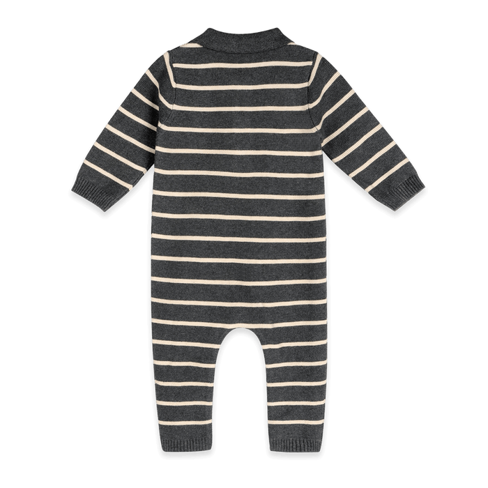 Organic Cotton Bear Face Stripe and Collar Knit Baby Jumpsuit, Back