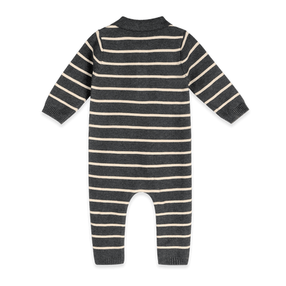 Organic Cotton Bear Face Stripe and Collar Knit Baby Jumpsuit, Back