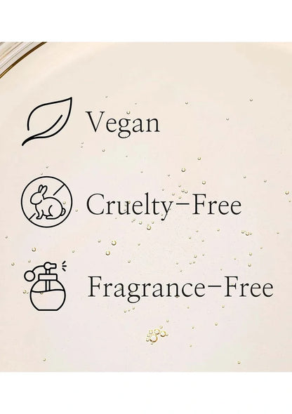 Certification labels for vegan, cruelty-free, and fragrance-free products on a beige background.