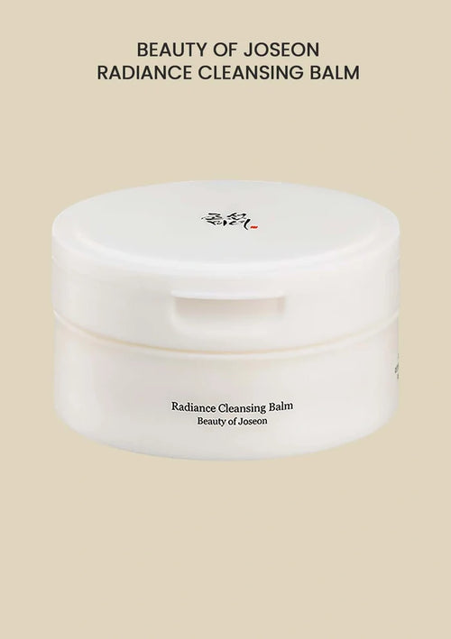 Radiance Cleansing Balm container with 'Beauty of Joseon' branding on a beige background