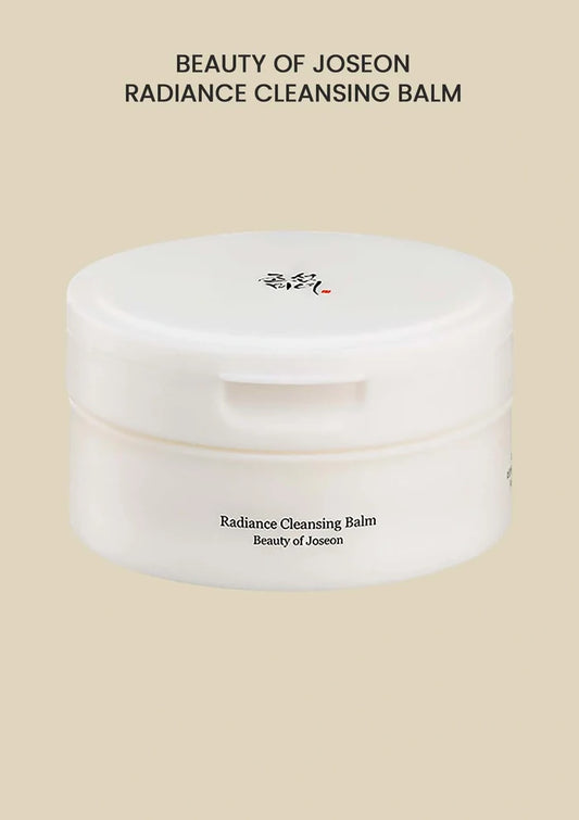 Radiance Cleansing Balm container with 'Beauty of Joseon' branding on a beige background