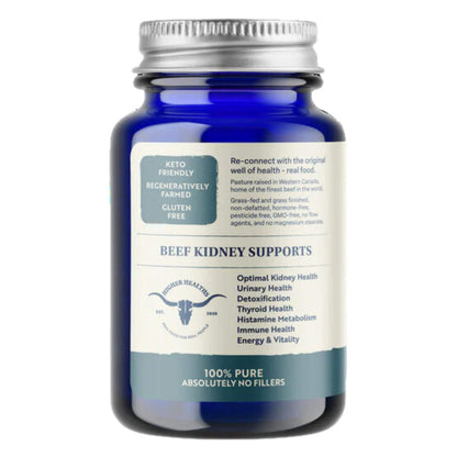 Back of Bottle of Higher Healths Beef Kidney - 100% Grass-Fed, Grass-Finished 180Capsules